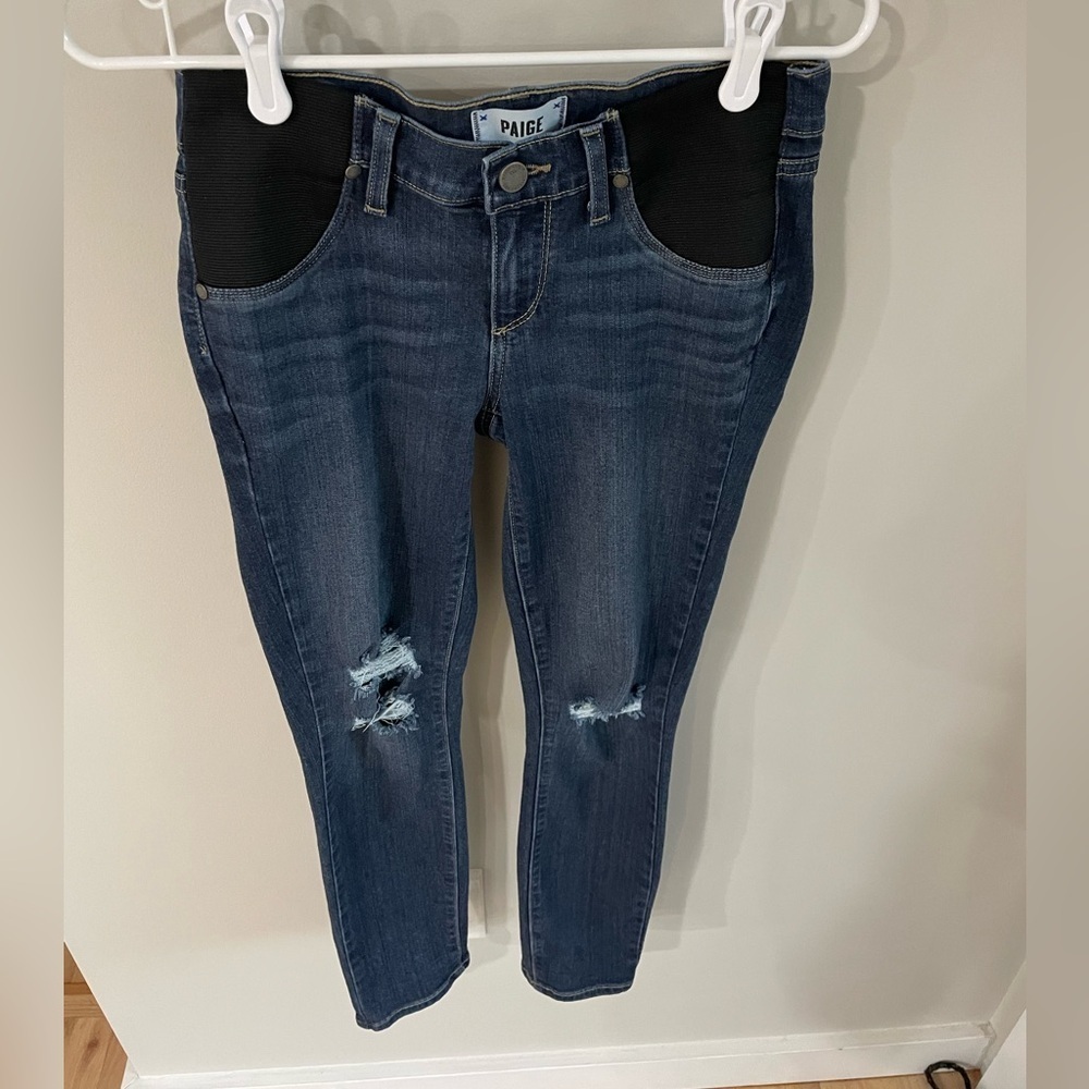 Paige Verdugo Ankle Distressed Dark Wash Maternity Jean - Size 24 - Picture 7 of 11